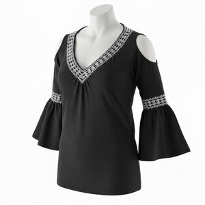 G Collection Black Boho Cold Shoulder Bell Sleeve Embroidered Peasant Top